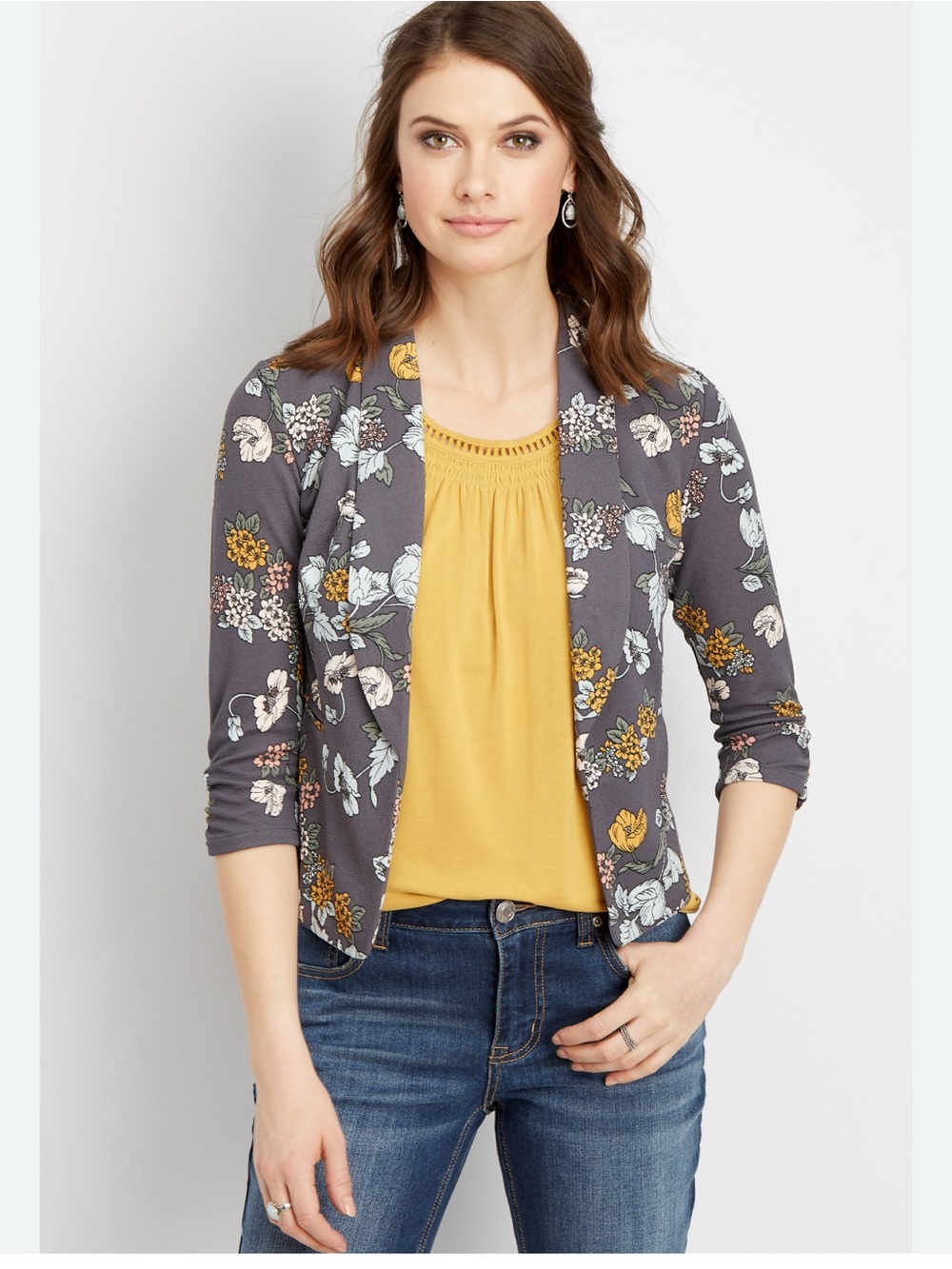 Maurices Floral Gray Open Cardigan